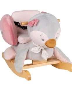 Penguin rocker for babies with grey fur, brown beak, pink seat and brown wooden base.