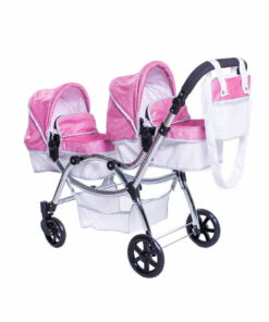 Pink Dolls Pram with white base, silver frame and black handles. Twin pram with bag hanging from handle.