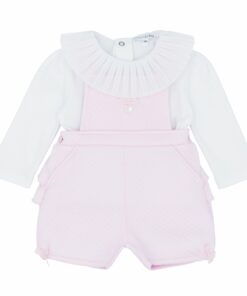 Blues Baby Pink Girls Frill Dungaree Set