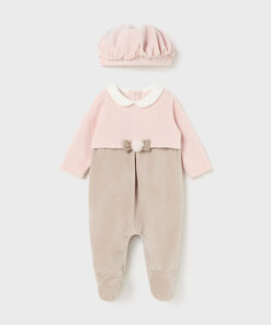 Mayoral Baby Girl Pink Velour Babygrow With Beret 2782