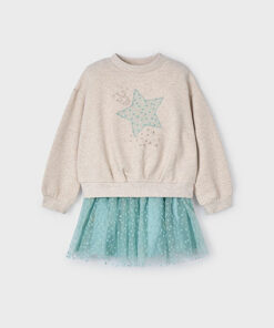 Mayoral Girls Beige and Green Tulle Skirt Set