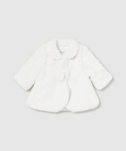 Mayoral Baby Girl Cream Fur Pom Pom Coat 2451