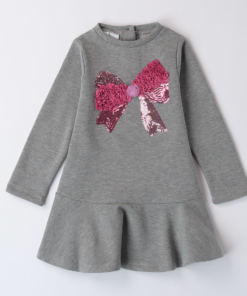 iDo Girls Dark Grey Sequin Bow Long Sleeve Dress