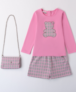 iDo Girls Pink Checked Short Set With Handbag