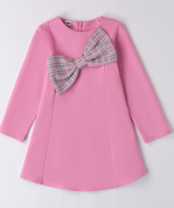 iDo Girls Bright Pink Pleated Aline Dress with Checked Bow