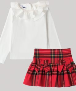 iDo Girls Red Tartan Bow Skirt Set with Frill Top